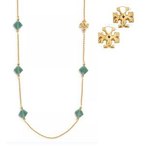 Tory Burch Roxanne Long Green and Gold Lariat Long Necklace and Gold Earring Set
